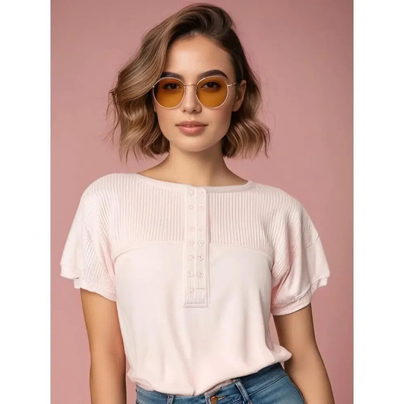 Vintage Colter Bay‎ Women's XL Vintage Pink Henley Button-Up Short Sleeve Top - Picture 1 of 8